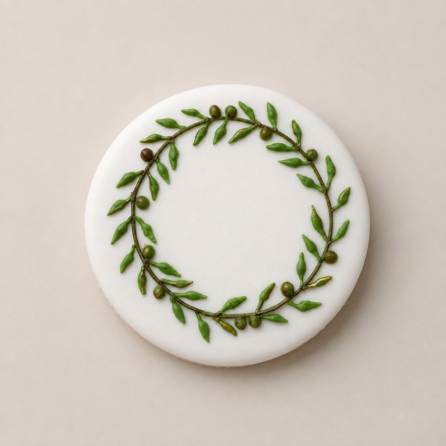 A round cookie iced in white with a hand piped olive wreath