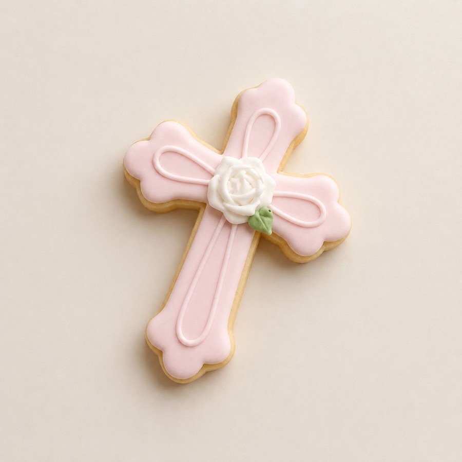 A cross shaped cookie iced pale pink with a piped white rose